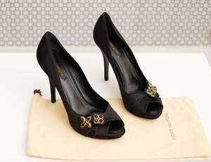 Louis Vuitton Black Satin Monogram Flower Peep Toe Pumps (EU 40.5 / US 10.5)